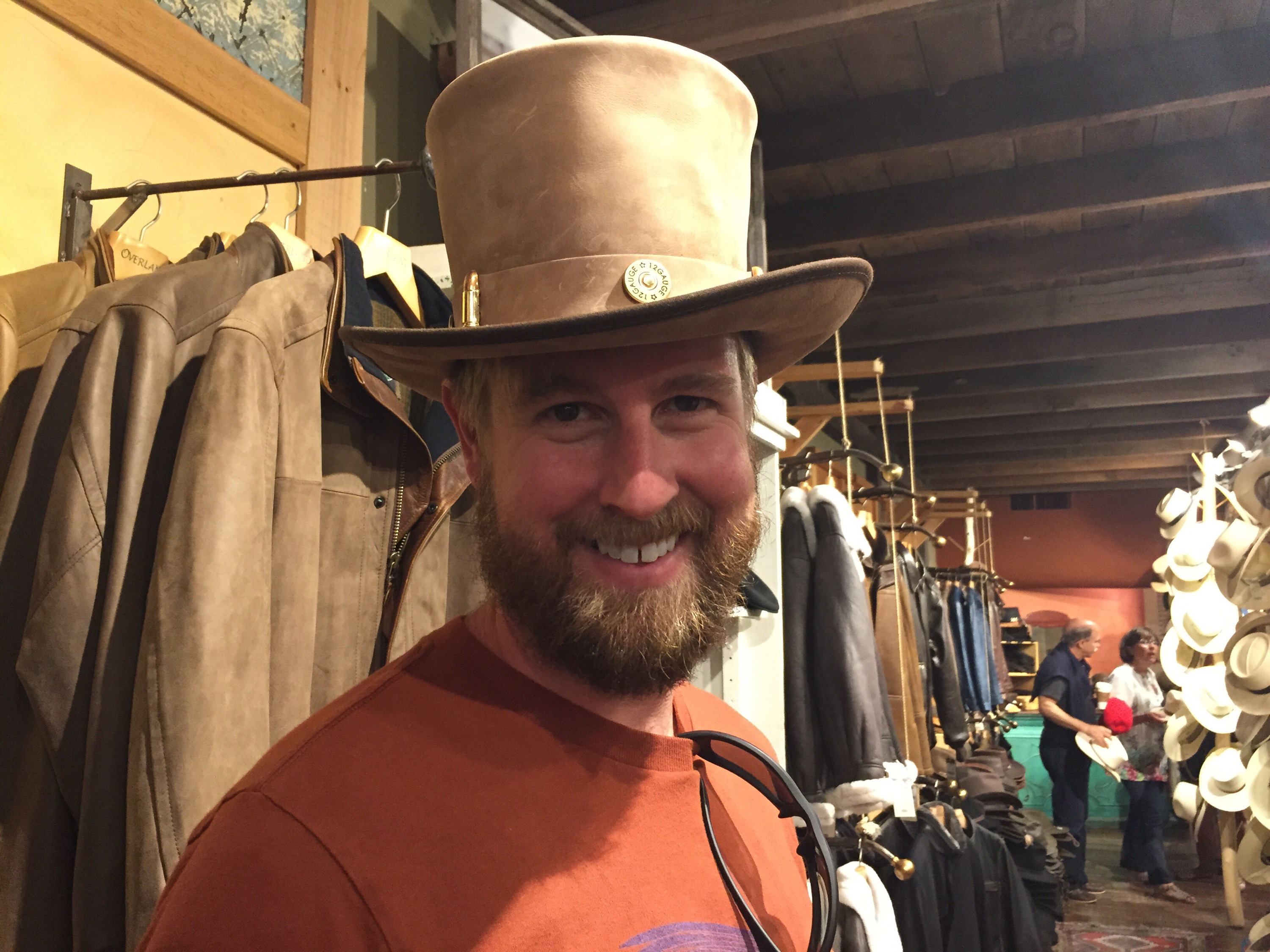 Ian being goofy in a leather shop