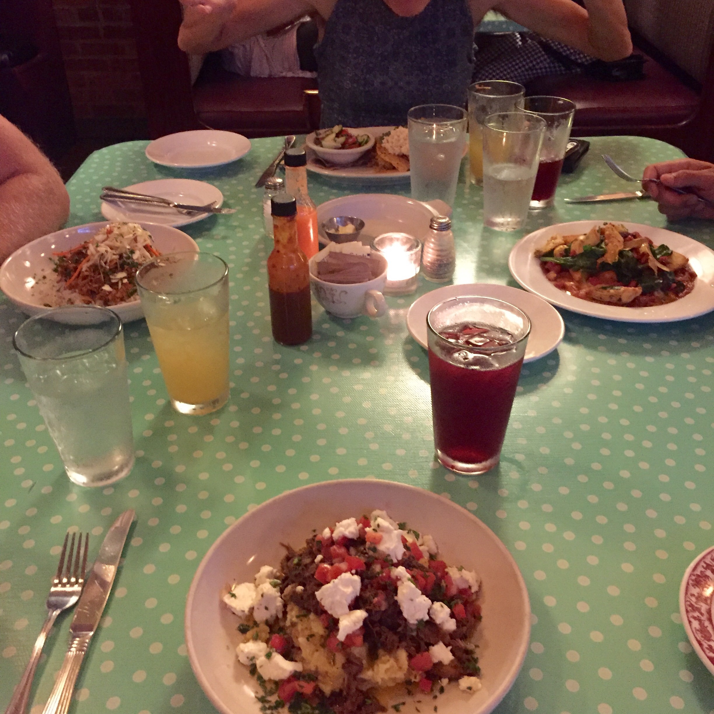 Dinner at Civilization. Courtney's plate is the one covered in goat cheese, of course.